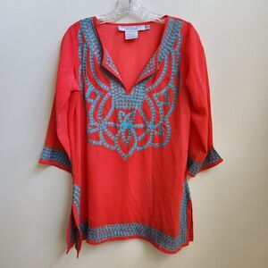 Gretchen Scott Top Tunic Women XS Orange Green Embroidery Boho Chic Beach Resort